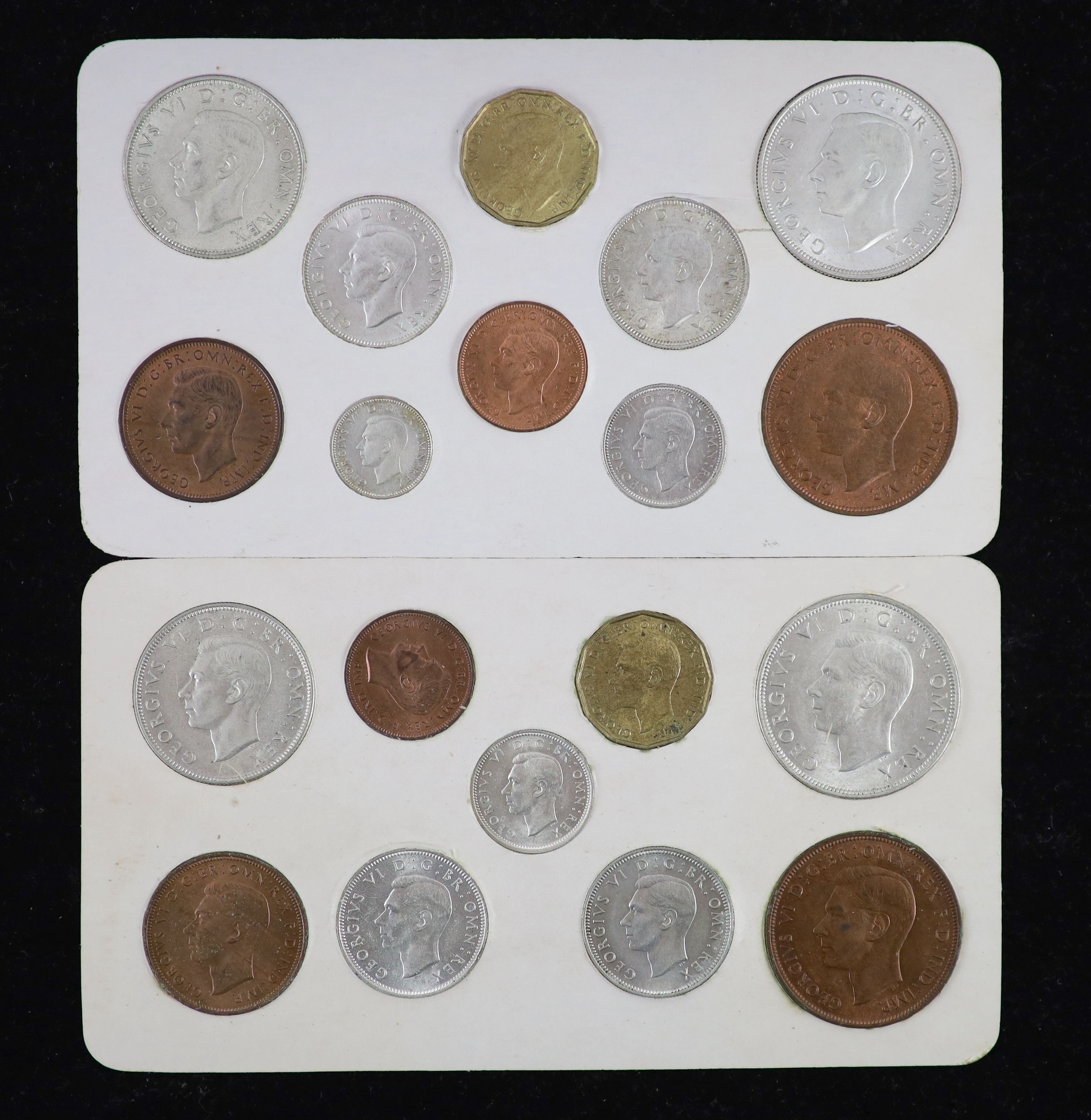 George VI specimen coin sets for 1944 and 1945, including the rare 1944 silver threepence, first coinage, all about EF or better